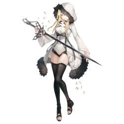 1girl artist_request black_thighhighs blonde_hair blue_eyes choker full_body game_cg girls&#039;_frontline girls&#039;_frontline_neural_cloud highres holding holding_sword holding_weapon hood hood_up k5_(girls&#039;_frontline) looking_at_viewer luna_(neural_cloud) official_art sandals solo sword tachi-e thighhighs third-party_source transparent_background weapon