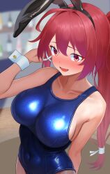 Rule 34 | 1girl, animal ears, blue one-piece swimsuit, blue school swimsuit, blush, breasts, collarbone, cowboy shot, dorachan r, fake animal ears, gradient hair, highres, i-168 (kancolle), kantai collection, large breasts, leotard, long hair, multicolored hair, navel, one-piece swimsuit, open mouth, playboy bunny, playboy bunny swimsuit, ponytail, rabbit ears, red eyes, red hair, school swimsuit, smile, standing, swimsuit, wrist cuffs