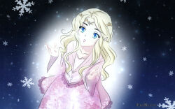 1girl artist_name blonde_hair blue_eyes cinemairon collarbone dress elf eyelashes female_focus idril_celebrindal lipstick long_hair long_sleeves makeup pointy_ears princess snow snowflakes solo the_silmarillion tiara tolkien&#039;s_legendarium