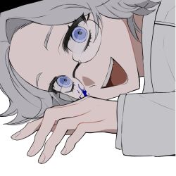 1boy :d aotsuki_eito blood blood_on_face blue_blood blue_eyes chinese_commentary close-up dwzssdbdl evil_grin evil_smile glasses grey_hair grin highres jacket looking_at_viewer male_focus on_floor open_mouth short_hair simple_background smile solo the_hundred_line_-last_defense_academy- white_background white_jacket