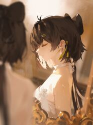 1girl absurdres bare_shoulders black_bow black_hair blurry blurry_foreground bow breasts closed_eyes closed_mouth colored_inner_hair commentary dress earrings elyzerda female_rover_(wuthering_waves) hair_bow hair_ornament hair_ribbon hairclip highres jewelry long_hair low_ponytail medium_breasts multicolored_hair parallel_hairclips ponytail portrait reflection ribbon rover_(wuthering_waves) solo white_dress white_hair wuthering_waves yellow_ribbon