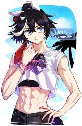 1girl abs animal_ears black_hair black_pants blue_eyes commentary_request ear_covers hand_on_own_hip horse_ears horse_girl horse_tail jagaimobeniko katsuragi_ace_(umamusume) light_smile looking_to_the_side midriff navel pants shirt short_hair smile solo t-shirt tail uma_summer_(umamusume) umamusume white_shirt