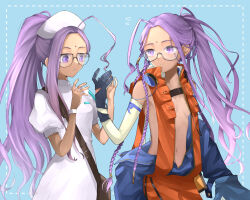 2girls ahoge black-framed_eyewear blue_background breasts closed_mouth commentary_request dark-skinned_female dark_skin fate/grand_order fate_(series) flying_sweatdrops glasses hat hazuki-a headphones headphones_around_neck highres long_hair looking_at_another multiple_girls navel no_bra nurse nurse_cap paper_moon_(fate/grand_order) ponytail puffy_short_sleeves puffy_sleeves purple_eyes purple_hair rani_b_(fate) rani_r_(fate) revealing_clothes short_sleeves simple_background small_breasts stomach white_hat