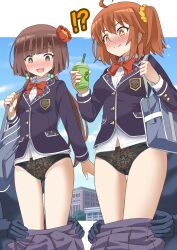 Rule 34 | !?, 2girls, 2others, absurdres, ahoge, arm at side, assisted exposure, bag, black panties, blazer, blue sky, blunt bangs, blunt ends, blush, bow, bowtie, breasts, bright pupils, brown eyes, brown hair, closed mouth, clothes pull, collared shirt, commentary request, crotch seam, cup, day, disposable cup, drinking straw, emblem, fate/grand order, fate (series), feet out of frame, fujimaru ritsuka (female), hair ornament, hair scrunchie, hand up, hands up, highres, holding, holding cup, holding strap, humiliation, jacket, komahime (fate), lace, lace panties, large breasts, large variant set, letterboxed, long hair, long sleeves, looking down, low twintails, medium hair, multiple girls, multiple others, nose blush, one side up, open mouth, orange eyes, orange hair, outdoors, outside border, panties, pantsing, pleated skirt, pulling another&#039;s clothes, purple jacket, purple skirt, red bow, red bowtie, school bag, school uniform, scrunchie, shimouki izui, shirt, skirt, skirt pull, sky, small breasts, smile, sphere hair ornament, split mouth, standing, surprised, twintails, underwear, variant set, wavy mouth, white pupils, white shirt, wing collar, yellow scrunchie