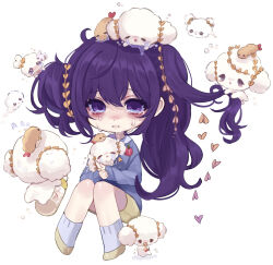 1girl absurdres alternate_hairstyle asahina_mafuyu blue_shirt chibi chibi_only closed_mouth cogimyun collared_shirt commentary_request crying crying_with_eyes_open ebifurai_(sanrio) empty_eyes food full_body hair_bun heart highres holding holding_another&#039;s_hair invisible_chair jishou_210 knees_together_feet_apart long_hair long_sleeves looking_at_viewer project_sekai purple_eyes purple_hair sanrio shirt shoes shrimp shrimp_tempura side_ponytail simple_background single_side_bun sitting skirt socks solo tears tempura white_background white_socks yellow_shoes yellow_skirt