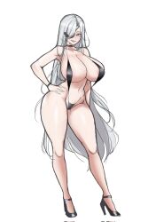 1girl alchemist_(girls&#039;_frontline) areola_slip bikini black_bikini breasts eyepatch girls&#039;_frontline hair_ornament highres huge_breasts long_hair looking_at_viewer one-piece_swimsuit open_mouth sangvis_ferri simple_background smile solo standing swimsuit very_long_hair wessidesuyo white_hair yellow_eyes