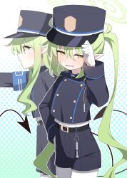 2girls absurdres armband black_hat black_jacket black_shorts black_skirt blue_archive blue_armband blush buttons cowboy_shot demon_tail double-breasted fang gloves green_halo grey_hair hagoonha halo hand_on_headwear hat highres hikari_(blue_archive) jacket long_hair long_sleeves looking_to_the_side multiple_girls nose_blush nozomi_(blue_archive) open_mouth pantyhose peaked_cap pointy_ears polka_dot polka_dot_background shorts siblings skin_fang skirt sweatdrop tail whistle white_gloves white_pantyhose yellow_eyes