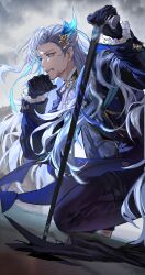 Rule 34 | 1boy, absurdres, ascot, black boots, black gloves, black pants, blood, blood from mouth, blood on face, blue brooch, blue coat, blue eyeliner, blue hair, blurry, boots, brooch, cane, chinese commentary, clenched teeth, coat, commentary request, depth of field, ei (user sjgf2435), eyeliner, frilled sleeves, frills, from side, genshin impact, gloves, hair between eyes, hair ornament, hands up, highres, holding, holding cane, jewelry, kneeling, long hair, long sleeves, looking ahead, makeup, male focus, multicolored hair, neuvillette (genshin impact), outdoors, pants, pointy ears, purple eyes, sleeve cuffs, solo, streaked hair, teeth, thigh boots, very long hair, white ascot, white hair