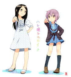 Rule 34 | 2girls, a-ka, black eyes, black hair, brown eyes, cardigan, chihara minori, crossover, dress, grey hair, hare hare yukai, long hair, multiple girls, nagato yuki, real life, sandals, school uniform, voice actor, voice actor connection, serafuku, suzumiya haruhi no yuuutsu, symmetry