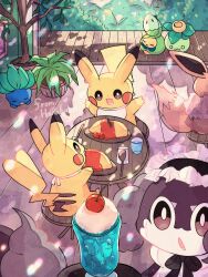 :d animal_focus artist_name brown_fur budew bush closed_eyes colored_skin commentary_request dappled_sunlight dot_nose eevee food forked_tail gen_1_pokemon gen_4_pokemon gen_8_pokemon glass hanabusaoekaki highres ice_cream indeedee indeedee_(female) looking_at_viewer maid_headdress nintendo no_humans oddish omelet omurice open_mouth pikachu pokemon pokemon_(creature) sitting sleeping smile smoliv solid_oval_eyes spoon sundae sunlight table tail tree water yellow_skin