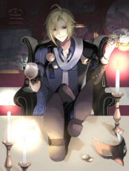 1boy ahoge black_gloves black_jacket black_shoes blonde_hair coin collared_vest crossed_legs cup gloves gold_ring heterochromia highres holding holding_coin holding_cup hugo_vlad jacket jewelry komesiwo_syumi lapel_pin legs_on_table male_focus mole mole_under_eye multiple_rings necktie pointy_ears purple_necktie purple_shirt ring shirt shoes single_glove smile solo vest zenless_zone_zero