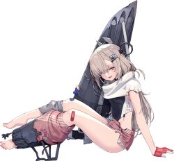 1girl american_flag american_flag_print american_flag_shorts barefoot black_one-piece_swimsuit blue_gloves breasts competition_swimsuit flag_print full_body gloves headgear highleg highleg_one-piece_swimsuit kantai_collection long_hair machinery medium_breasts official_art one-piece_swimsuit red_gloves scarf shizuma_yoshinori short_shorts shorts sitting solo swimsuit torpedo_launcher transparent_background two-tone_one-piece_swimsuit wahoo_(kancolle)
