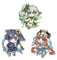 12zuiun 1boy 2girls :3 anklet arm_at_side armor belt black_belt black_bodysuit black_bow black_bridal_gauntlets black_footwear black_horns black_leggings black_shorts bloomers blue_bow blue_brooch blue_cape blue_eyes blue_gemstone blue_kimono blue_pupils blue_sleeves blue_trim blunt_bangs blunt_ends bodysuit bow bracelet bridal_gauntlets bright_pupils cape chibi circlet cropped_shirt cross-shaped_pupils detached_sleeves dress fake_horns feathers fringe_trim gem genshin_impact gladiator_sandals gold gold_circlet gold_footwear gold_horns gold_necklace gold_trim green_cape green_eyes green_hair green_sleeves hair_between_eyes hair_intakes hair_ornament hakama hakama_shorts half_crown_braid han&#039;eri hand_on_own_hip hand_up harem_outfit hat horns japanese_armor japanese_clothes jewelry jingasa kimono kote kurokote layered_kimono layered_sleeves leaf leaf_hair_ornament leg_warmers leggings long_hair looking_at_viewer low_twintails midriff multicolored_hair multiple_girls multiple_horns nahida_(genshin_impact) necklace nilou_(genshin_impact) one_eye_closed open_clothes open_kimono open_mouth pleated_shorts pom_pom_(clothes) purple_eyes purple_hair purple_hat purple_sash red_hair sample_watermark sandals sash scaramouche_(genshin_impact) short_sleeves shorts side_ponytail sidelocks smile streaked_hair symbol-shaped_pupils tassel tilted_headwear twintails underwear veil very_long_hair vision_(genshin_impact) wanderer_(genshin_impact) watermark watermark_grid white_bloomers white_dress white_footwear white_hair white_kimono white_leg_warmers white_pupils white_sleeves white_veil yellow_feathers zouri