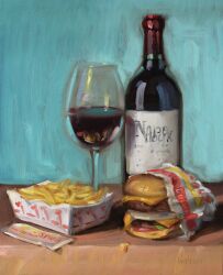 Rule 34 | alcohol, bottle, burger, cheese, commentary, cup, drinking glass, english commentary, fast food, food, french fries, highres, in-n-out burger, meat, no humans, noah verrier, oil painting (medium), onion slice, original, painting (medium), still life, traditional media, wine, wine bottle, wine glass