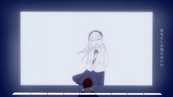 blue_border border closed_eyes gradient_border hair_between_eyes highres japanese_text kashimiya_karua looking_at_another open_mouth pleated_skirt red_hair skirt sumino_takumi the_hundred_line_-last_defense_academy- translation_request white_background white_hair