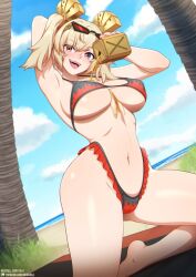 1girl arm_up armpits beach bikini blonde_hair breasts burnice_white eyewear_on_head flame_print frilled_bikini frills hair_ornament highleg highleg_bikini midriff navel neocoill pouring pouring_onto_self presenting_armpit swimsuit twintails underboob zenless_zone_zero