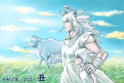 Rule 34 | 1girl, 2021, 2boys, animal ears, blue sky, brown eyes, chinese zodiac, cow, cow boy, cow ears, cow horns, father and son, from side, horns, leaf in mouth, male focus, mini person, minigirl, mouse (animal), mouse girl, mukai natsumi, multiple boys, on head, original, outdoors, sky, tunic, white hair, white tunic, year of the ox