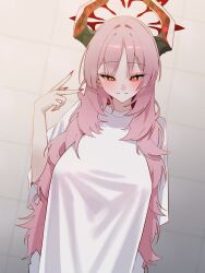 1girl absurdres agnamore alternate_costume blue_archive blush breasts commentary demon_girl demon_horns fingernails hair_intakes halo highres horns large_breasts long_hair looking_at_viewer loose_clothes loose_shirt nail_polish orange_eyes oversized_clothes oversized_shirt pink_hair red_halo red_nails satsuki_(blue_archive) shirt slit_pupils smile solo upper_body v white_shirt