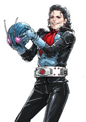 Rule 34 | 1boy, absurdres, armor, belt, black hair, bodysuit, bug, cirenk, compound eyes, cosplay, gloves, grasshopper, helmet, highres, holding, insect, kamen rider 1, long hair, looking at viewer, male focus, michael jackson, open mouth, real life insert, rider belt, simple background, smile, solo, standing, tokusatsu, white background