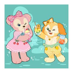 animal_ears animification bear bear_ears bear_girl cookieann dog_ears dog_girl drink duffy_and_friends full_body highres holding looking_at_viewer multiple_girls no_humans personification shelliemay shirt smile standing takatmaorange
