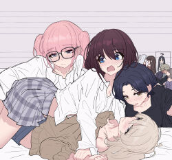 Rule 34 | 6+girls, ahoge, ai (girls band cry), awa subaru, black hair, black shirt, blue eyes, blue hair, blush, breasts, brown hair, brown sweater, chinese commentary, commentary request, diamond dust (girls band cry), dress shirt, ebizuka tomo, everyone, fingering, gangbang, girls band cry, glasses, grey eyes, grey hair, grey skirt, group sex, hand under clothes, highres, hina (girls band cry), iseri nina, kawaragi momoka, long hair, medium breasts, multiple girls, nana (girls band cry), one side up, open mouth, pink hair, plaid clothes, plaid skirt, pleated skirt, rin (girls band cry), rupa (girls band cry), saliva, shirt, short hair, skirt, small breasts, sweat, sweater, togenashi togeari, white hair, white shirt, yellow eyes, yun cao bing, yuri