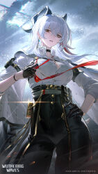 1girl absurdres arm_pouch armband black_armband black_choker black_gloves black_horns black_pants black_pouch breasts button_gap chest_harness chinese_text choker chromatic_aberration clothes_grab collared_shirt commentary curled_horns earrings english_commentary gloves hand_on_own_hip harness high-waist_pants highres horns jewelry key key_earrings key_necklace large_breasts logo long_hair looking_at_viewer multicolored_hair necklace necktie necktie_grab neckwear_grab official_art pants parted_lips red_eyes red_necktie shirt shirt_tucked_in solo streaked_hair tight_clothes tight_pants white_shirt wuthering_waves zani_(wuthering_waves)