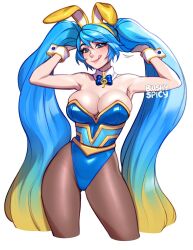 1girl :q alternate_costume arms_up artist_name blue_hair blush blushyspicy breasts brown_pantyhose cleavage collarbone green_hair hair_lift highres holding holding_own_hair large_breasts league_of_legends lips long_hair multicolored_hair orange_hair pantyhose shiny_skin smile solo sona_(league_of_legends) tongue tongue_out twintails very_long_hair wavy_hair