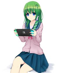 Rule 34 | 1girl, absurdres, blue eyes, blue sailor collar, blue skirt, blush stickers, breasts, closed mouth, collared shirt, dot nose, f and sanae, frog hair ornament, green hair, hair ornament, hair tubes, handheld game console, highres, holding, holding handheld game console, kochiya sanae, long hair, long sleeves, looking at viewer, medium breasts, miniskirt, neckerchief, nintendo, nintendo switch, pink nails, pink neckerchief, pink sweater vest, sailor collar, shirt, simple background, single hair tube, single sidelock, sitting, skirt, skirt set, smile, snake hair ornament, solo, sweater vest, touhou, upper body, white background, wide sleeves