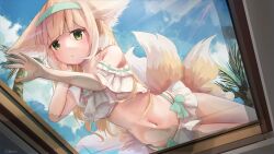 1girl absurdres against_glass alternate_costume animal_ears aqua_hairband arknights bikini blonde_hair breasts chinese_commentary closed_mouth commentary_request fox_ears fox_girl fox_tail frilled_bikini frills green_eyes hairband highres kitsune kyuubi long_hair multiple_tails navel off-shoulder_bikini off_shoulder photo-referenced small_breasts solo stomach suzuran_(arknights) swimsuit tail tansankuu white_bikini