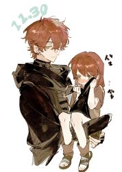 1boy 1girl blush carrying carrying_person crying crying_with_eyes_open earrings hair_between_eyes highres holding hood hood_down jacket jewelry long_sleeves original qyzhiaiyisheng red_hair sandals shirt short_hair short_sleeves smile tears white_background yellow_eyes