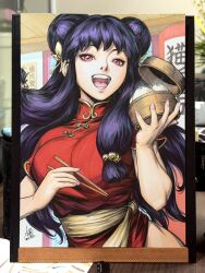 Rule 34 | 1girl, bamboo steamer, bell, chinese clothes, chopsticks, double bun, dress, dumpling, food, hair bell, hair bun, hair ornament, highres, holding, holding chopsticks, long hair, open mouth, photo (medium), purple hair, ranma 1/2, red dress, sash, shampoo (ranma 1/2), side slit, sidelocks, signature, smile, stanley lau, traditional media, yellow sash