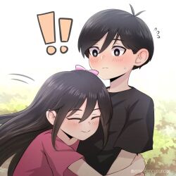 ! !! 1boy 1girl ^_^ aged_down antenna_hair aubrey_(faraway)_(omori) aubrey_(omori) black_eyes black_hair black_shirt blush bow bright_pupils bush child closed_eyes closed_mouth commentary double-parted_bangs downturned_eyes emergencysundae english_commentary flying_sweatdrops frown hair_behind_ear hair_between_eyes hair_bow hetero hug instagram_username long_hair looking_at_another nose_blush omori outdoors pink_bow pink_shirt shirt short_hair sky smile sunny_(omori) sweatdrop t-shirt upper_body very_short_hair white_pupils white_sky wind