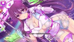 1girl animated audible_speech bouncing_breasts breasts ceiling_fan cleavage halloween hat japanese_audio large_breasts long_hair murasaki_(senran_kagura) nurse_cap official_art purple_eyes purple_hair senran_kagura senran_kagura_new_link solo sound tagme video