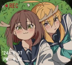 2girls :3 ahoge antlers aqua_neckerchief blonde_hair blue_sailor_collar brown_hair collarbone deer_antlers deer_girl from_above grass green_eyes horns koshi_torako looking_at_viewer lying medium_hair multiple_girls neckerchief on_ground perutore purple_eyes sailor_collar school_uniform serafuku shikanoko_noko shikanoko_nokonoko_koshitantan shirt viewfinder white_shirt