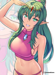 1girl alternate_costume bikini blush breasts crop_top etchimune fire_emblem fire_emblem_awakening gem green_eyes green_hair hair_ornament large_breasts long_hair looking_at_viewer midriff navel nintendo pink_bikini pointy_ears ponytail sideboob simple_background skindentation smile solo stomach swimsuit tiara tiki_(adult)_(fire_emblem) tiki_(fire_emblem)