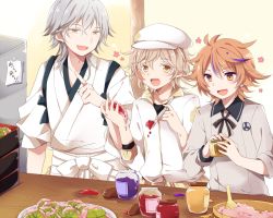 10s 3boys :d bad_food bad_id bad_pixiv_id blonde_hair brown_eyes brown_hair fang food gotou_toushirou hat index_finger_raised jacket jam japanese_clothes jar kashiwa_mochi_(food) male_focus mochi monoyoshi_sadamune multicolored_hair multiple_boys open_mouth purple_hair refrigerator rice sakura_mochi smile streaked_hair touken_ranbu track_jacket tsurumaru_kuninaga uguisu_mochi_(ykss35) wagashi white_hair yellow_eyes