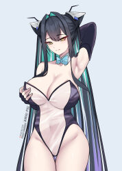 1girl absurdres amai-pai arm_behind_head armpits black_gloves black_hair blue_bow blue_bowtie bow bowtie breasts cleavage commentary covered_navel cowboy_shot english_commentary fingerless_gloves gloves goddess_of_victory:_nikke green_hair grey_background hair_intakes highres large_breasts leotard little_mermaid_(nikke) long_hair multicolored_hair paid_reward_available patreon_username see-through_clothes see-through_leotard simple_background smile solo thighs two-tone_hair very_long_hair yellow_eyes