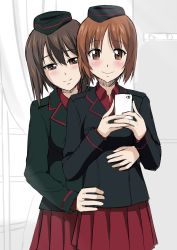 Rule 34 | 10s, 2girls, blush, brown eyes, brown hair, cellphone, girls und panzer, hat, highres, hug, hug from behind, kuromorimine military uniform, multiple girls, nishizumi maho, nishizumi miho, phone, school uniform, short hair, siblings, smile, takano yuki (mangaka), yuri