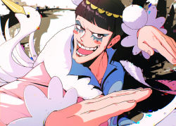 1boy :d bird black_hair blunt_bangs bon_clay fighting_stance hair_ornament highres makeup male_focus mygiorni one_piece open_mouth short_hair smile swan swan_costume