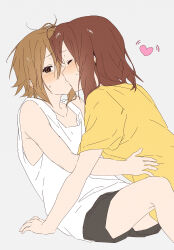 2girls black_shorts blush brown_hair closed_eyes collared_shirt commentary_request hand_on_floor heart heart_background highres hirasawa_yui holding k-on! kiss knee_up knees looking_at_viewer messy_hair multiple_girls shaofangziran shirt short_hair short_sleeves shorts simple_background sleeveless sweat sweatdrop t-shirt tainaka_ritsu thighs upper_body white_background white_shirt yellow_shirt yuri