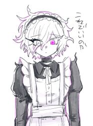 1boy apron black_dress closed_mouth crossdressing dress hair_over_one_eye heterochromia japanese_text maid_apron maid_headdress male_focus neck_ribbon pink_eyes ribbon shion_(hundred_line) simple_background solo solo_focus the_hundred_line_-last_defense_academy- translation_request upper_body white_background white_eyes white_ribbon