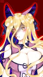 Rule 34 | 1girl, blonde hair, blood, breasts, cleavage, date a live, hair bun, highres, hoshimiya mukuro, long hair, solo, yellow eyes
