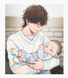 Rule 34 | 1boy, aam09212, baby, baby carry, brown hair, carrying, carrying baby, carrying person, glasses, highres, holding, jewelry, kamen rider, kamen rider gavv (series), long sleeves, male focus, ring, short hair, socks, suga kenzo, sweater, upper body, white sweater