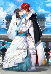 1boy 1girl aerial_fireworks artist_name black_cape black_hair blue_gloves blue_hair blue_sky boots breasts bridal_veil bride cape castle cleavage closed_eyes cloud commentary couple dannex009 day dress english_commentary facing_another fire_emblem fire_emblem_engage fire_emblem_heroes fireworks from_side gloves groom hetero highres hug husband_and_wife kiss knee_boots large_breasts long_sleeves male_alear_(fire_emblem) multicolored_hair nel_(fire_emblem) nel_(stoic_bride)_(fire_emblem) nintendo official_alternate_costume outdoors red_hair shadow short_hair sky standing story_in_commentary terrace two-tone_hair veil watermark wedding_dress white_boots