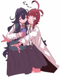 Rule 34 | 2girls, antenna hair, black skirt, blue hair, bolo tie, bow, bowtie, cheek-to-cheek, closed eyes, collared shirt, cropped legs, green sweater vest, grin, hair between eyes, heads together, highres, holding, holding phone, kimi no koto ga dai dai dai dai daisuki na 100-nin no kanojo, lab coat, light blush, long hair, long skirt, long sleeves, multiple girls, notonoto 2, ohananomitsu high school uniform, phone, red bow, red bowtie, red hair, school uniform, shirt, short bangs, short hair with long locks, side ahoge, sidelocks, simple background, skirt, smile, suspender skirt, suspenders, sweater vest, very long hair, wavy hair, white background, white shirt, yakuzen kusuri, yoshimoto shizuka