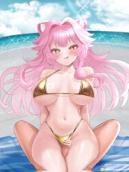 1boy 1girl animal_ears bar_censor bare_shoulders beach bikini blush breasts censored closed_mouth cloud cloudy_sky collarbone commentary day english_commentary hair_intakes highres hiroshi_shin hololive hololive_english large_breasts long_hair looking_at_viewer mixed-language_commentary multicolored_hair navel ocean outdoors panther_ears panther_girl penis pink_hair raora_panthera sand sky smile solo_focus stomach streaked_hair swimsuit thigh_sex thighs tongue tongue_out virtual_youtuber yellow_bikini yellow_eyes