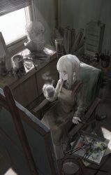 1girl absurdres apron artist_painter brown_apron brown_sweater_vest coffee coffee_mug cup from_above glasses grey_shirt highres holding holding_brush holding_cup indoors long_hair mug nueegochi on_chair open_mouth original shirt sidelocks sitting solo statue sweater_vest white_hair