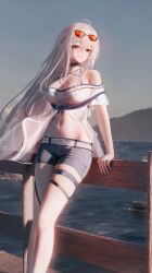 1girl absurdres against_railing arknights arm_support black_choker black_shorts breasts choker cleavage closed_mouth commentary_request eyewear_on_head g11_and_bang hair_between_eyes highres large_breasts long_hair looking_at_viewer navel official_alternate_costume orange-tinted_eyewear outdoors railing red_eyes short_shorts shorts skadi_(arknights) skadi_(waverider)_(arknights) solo stomach thigh_strap thighs tinted_eyewear white_hair wooden_railing