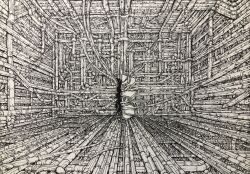 Rule 34 | door, graphite (medium), highres, ibsukionsen, indoors, industrial pipe, interior, no humans, open door, original, scenery, science fiction, tentacles, traditional media, industrial pipe