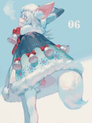 animal_ear_fluff animal_ears aruk bell bloomers blue_eyes breath dress fur-trimmed_collar fur-trimmed_dress fur-trimmed_headwear fur_trim highres leggings looking_up open_mouth original patterned_clothing pointy_hat red_ribbon ribbon snow tail underwear white_hair white_leggings